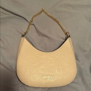 GUESS Cream Embossed Logo Shoulder Bag with Gold Chain